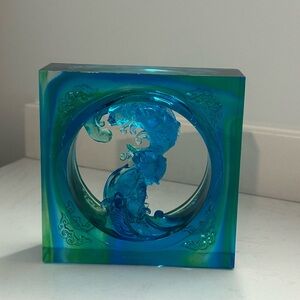 TITTOT blue/green tone chinese art glass fish sculpture "voyage of happiness"